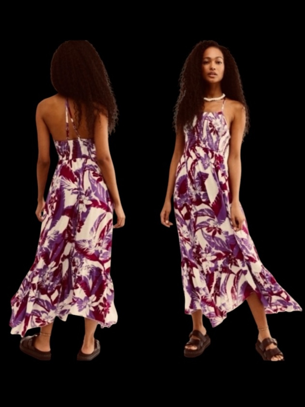 Free People Heatwave Floral Smocked Halter Maxi Dress in Purple & Maroon Sz M